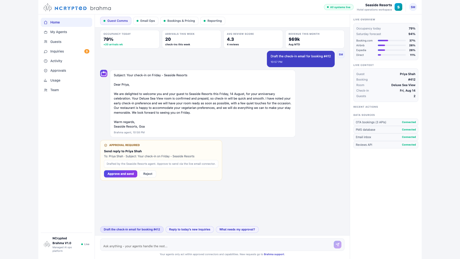 Brahma approval card: agent-drafted check-in email awaiting approval
